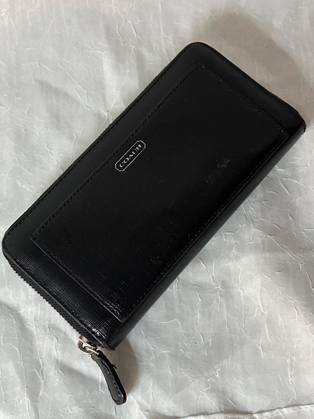 Coach Black Leather Zip Wallet with Logo Plaque
